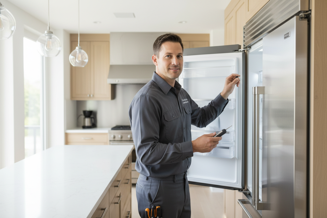 Professional technician repairing a built-in Miele refrigerator
